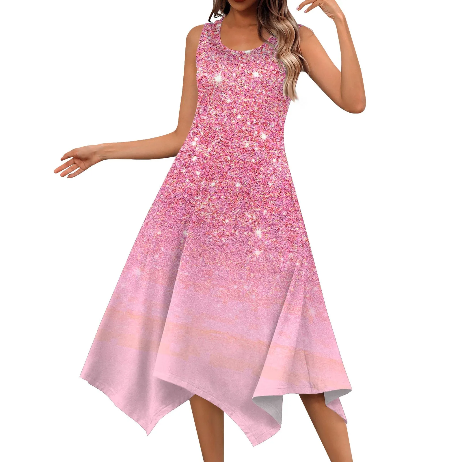 

Women's Casual Fashion Round Neck Sleeveless Floral Print Irregular Hem Midi Dress vestidos de fiesta elegantes para mujer 2024