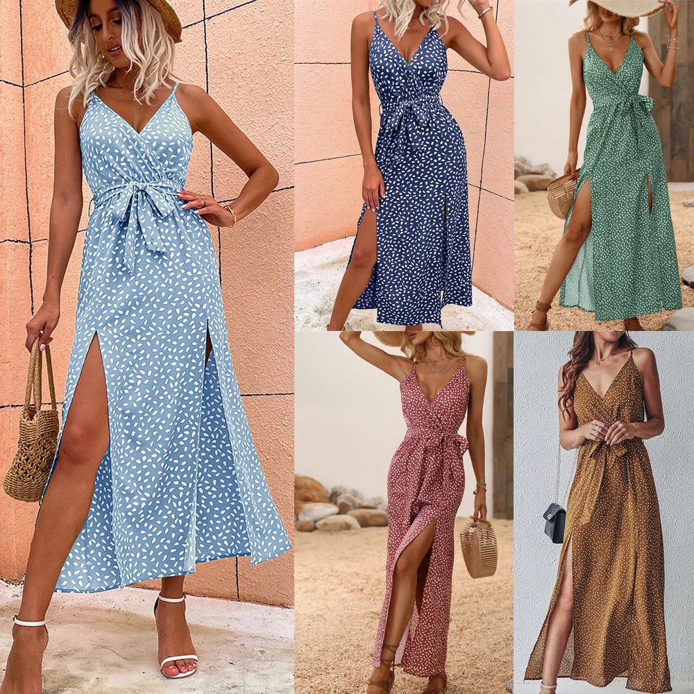 

Floral Suspender Split Mini Dress 2023 Summer New Slim Sleeveless Patry Beach Style Spaghetti Strap Dress Women Clothes