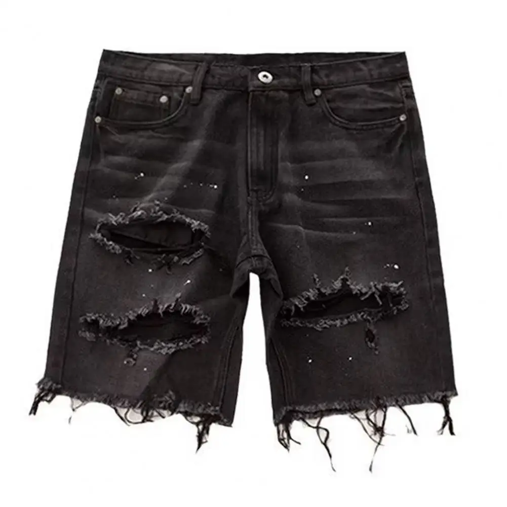 

Men Denim Shorts Men's Summer Distressed Denim Shorts Stylish Button Fly Multi Pockets Ripped Holes Knee Length Jeans Slim Fit