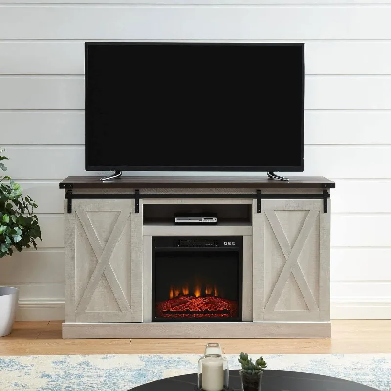 

Rustic Farmhouse Fireplace TV Stand for 60 Inch TV, Sliding Barn Door Electric Fireplace Entertainment Center with Remote