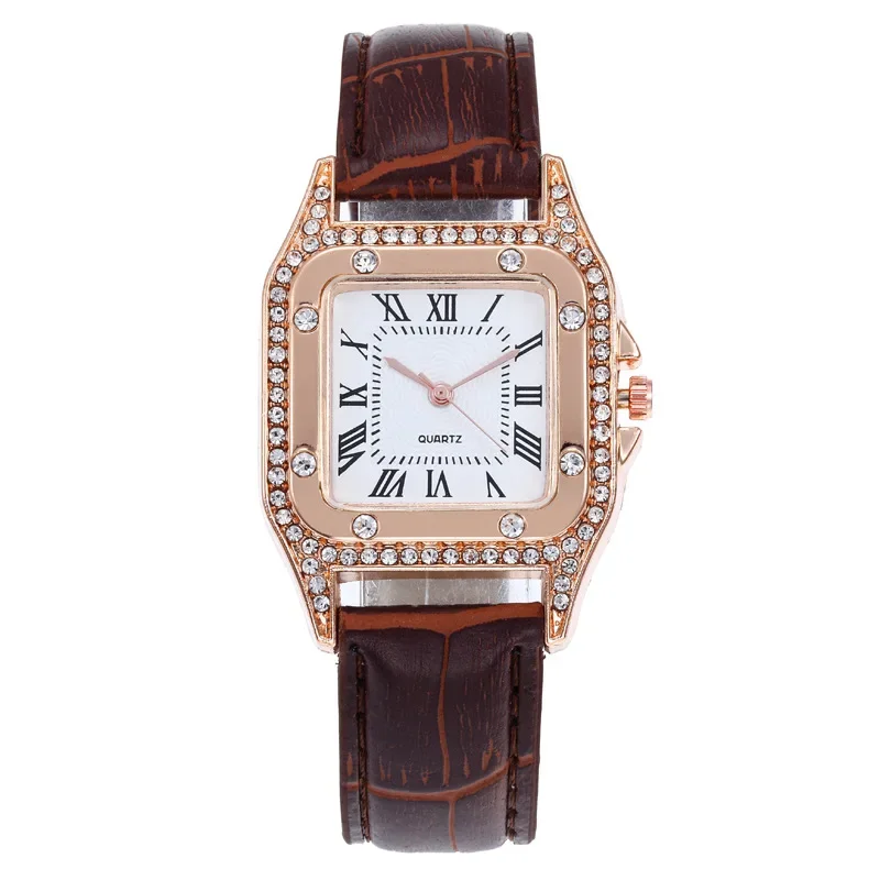 

2024 квадратные роскошные женские часы со стразами в комплекте, кожаные водонепроницаемые женские кварцевые наручные часы, Relogio Feminino Reloj Mujer Christmas