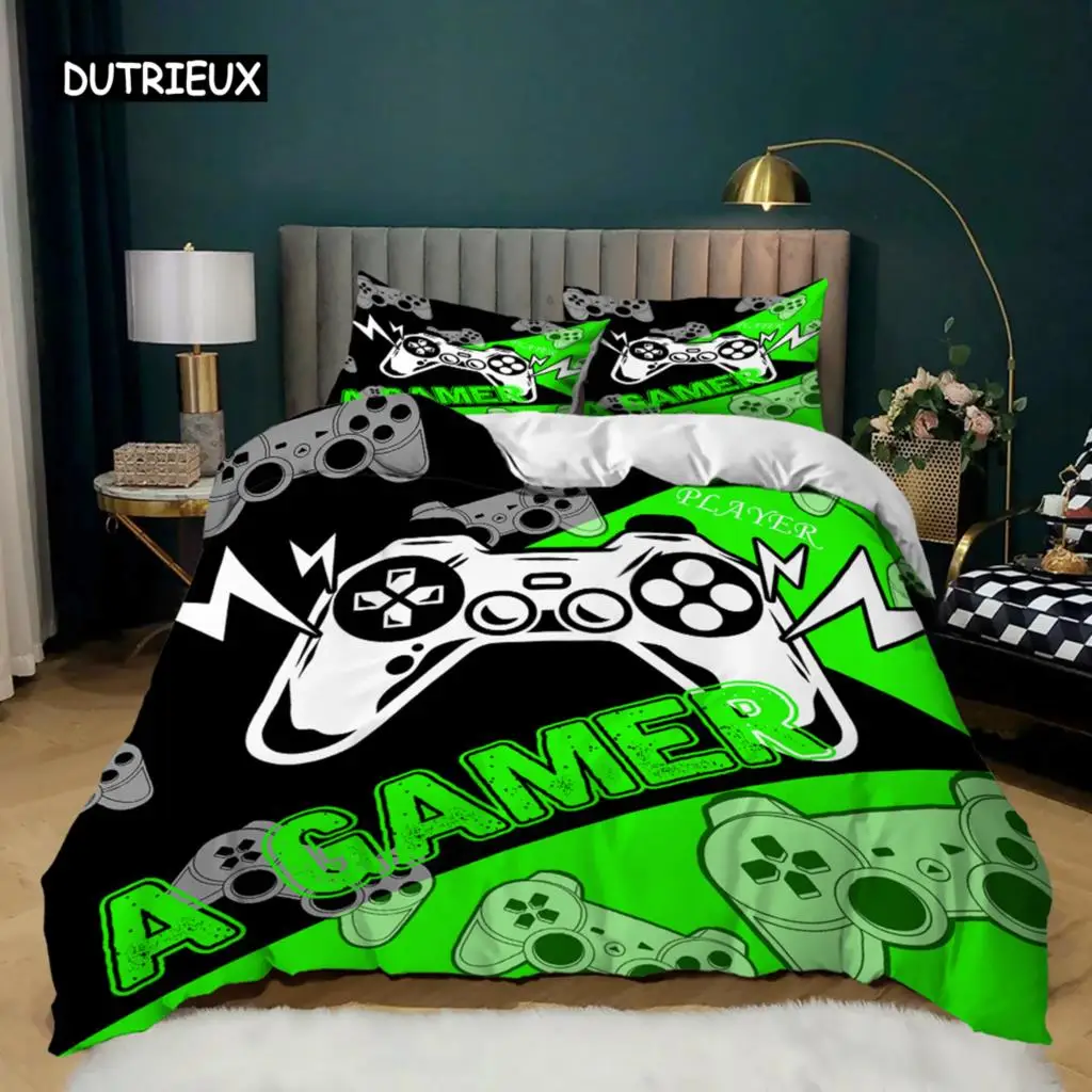 

Game Duvet Cover Set for Kid Teen Video Game Controller King Size Comforter Cover Microfiber Black and Green Gamepad Quilt Cover