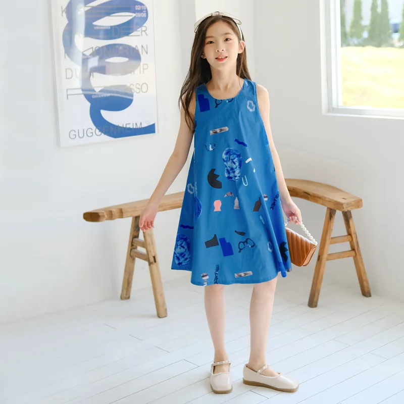 

2024 корейское летнее платье для девочек-подростков без рукавов, детское платье с принтом для девочек, повседневное Хлопковое платье в стиле ретро для школьниц