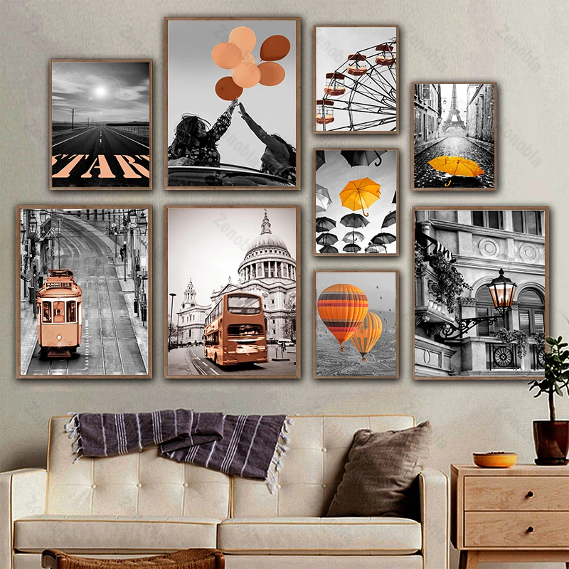 

Black and White Landscape Orange Color Poster Photograph London Street Kiss Picture Home Decor Nordic Wall Art Canvas Paintings