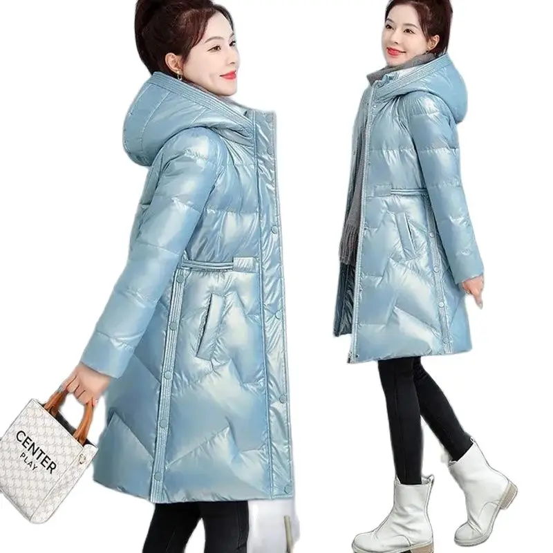 

2023 New Winter Jacket Women Medium Long Glossy Down Cotton Outcoat Female Leisure Hooded Parka Windproof Keep Warm Coat Ladies