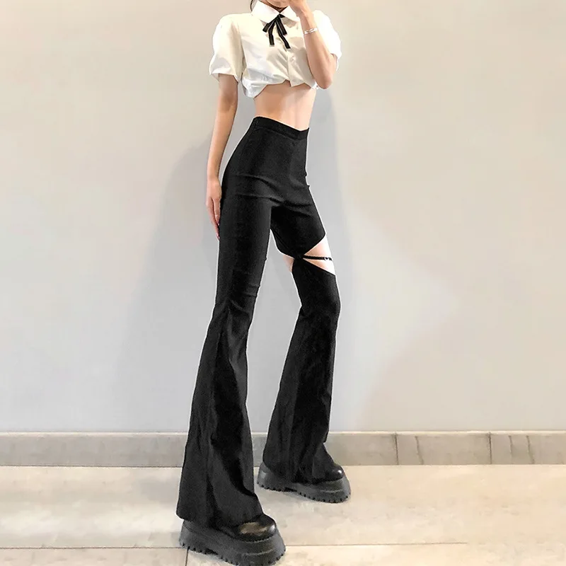 

Spring and Summer New Women’s Trousers Casual Trumpet Shape Slim Legs Solid Color, High Pockets Hips, Sexy Hollowed-out