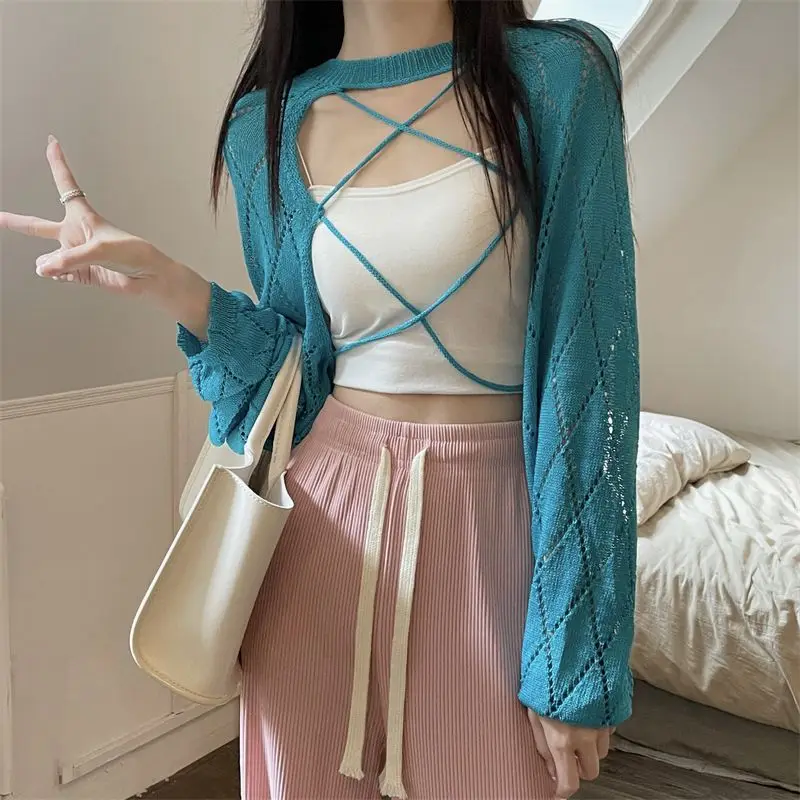 

Hotsweet Hollow Out Cardigan Women Thin Summer Sun-proof Stylish Pure Vintage Knitting Simple Female Korean Temperament Harajuku