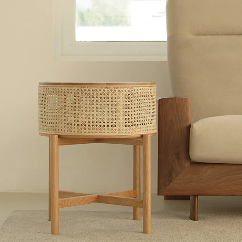 

Скандинавский плетеный журнальный столик из цельной древесины, диван, простой чайный столик, гостиная, спальня, маленький круглый стол из ротанга, маленький