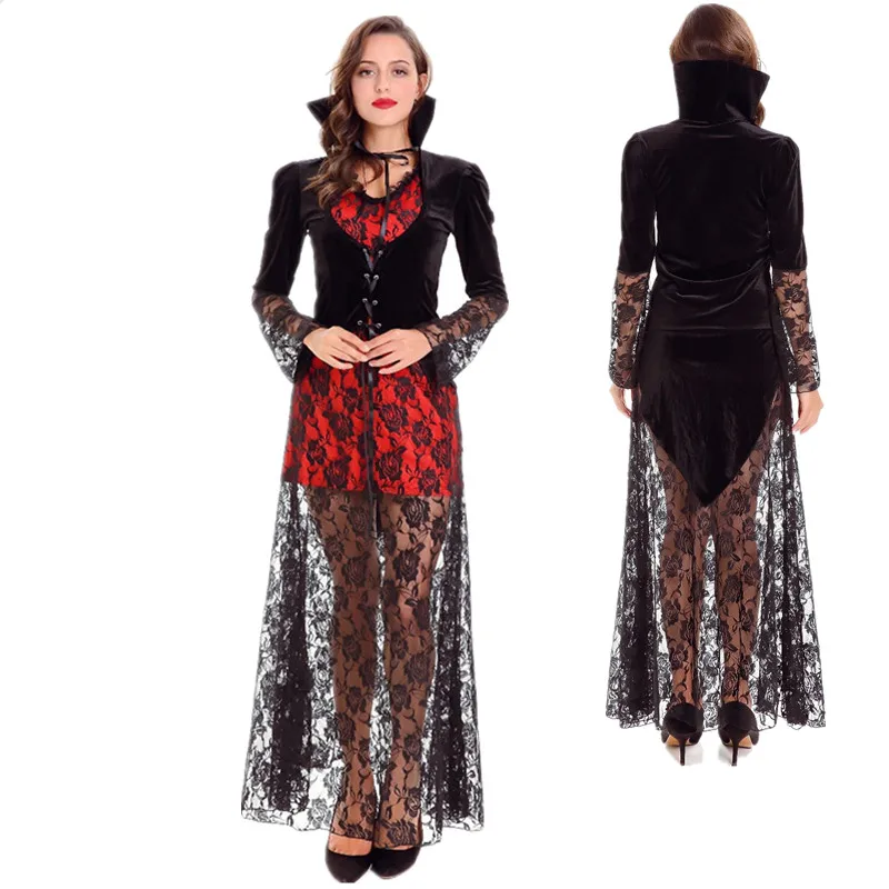 

Женский костюм вампира для Хэллоуина, маскарадный костюм ведьмы вампира, карнавальные костюмы для косплея, привлекательные кружевные прозрачные платья с воротником-стойкой