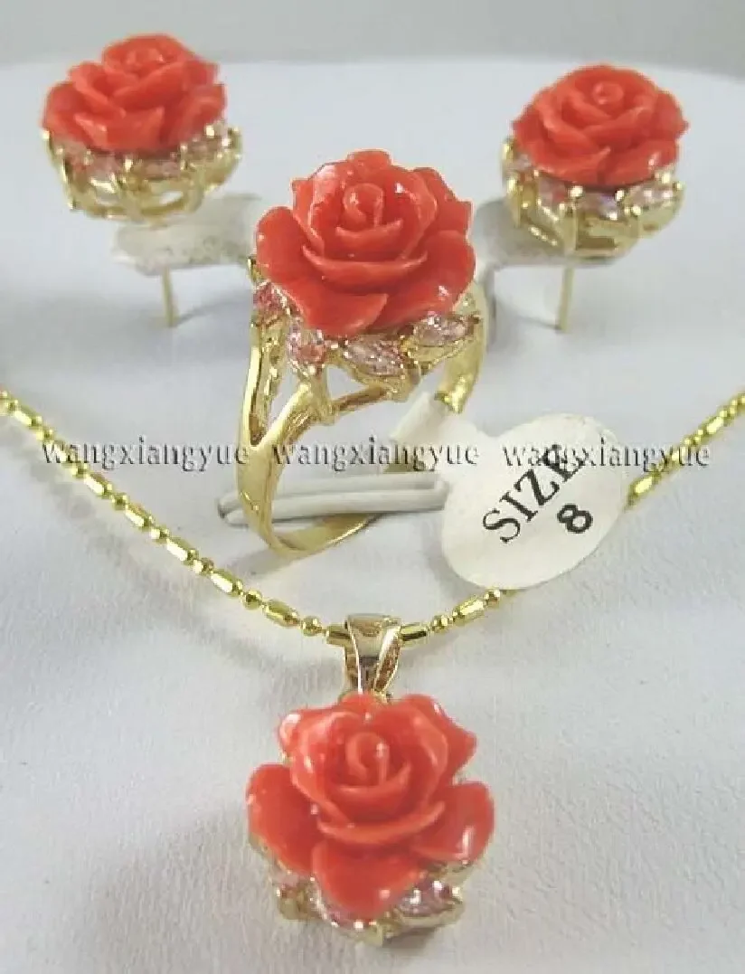 

12 мм розовый коралловый резной цветок серьги кольцо ожерелье кулон комплект ювелирных изделий