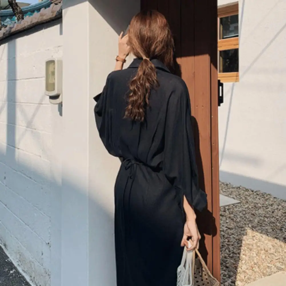 

Loose Cut Pleated Dress Spliced Pleat Detail Dress Elegant Retro Maxi Dress with Lapel Collar Split Hem for Women for Spring