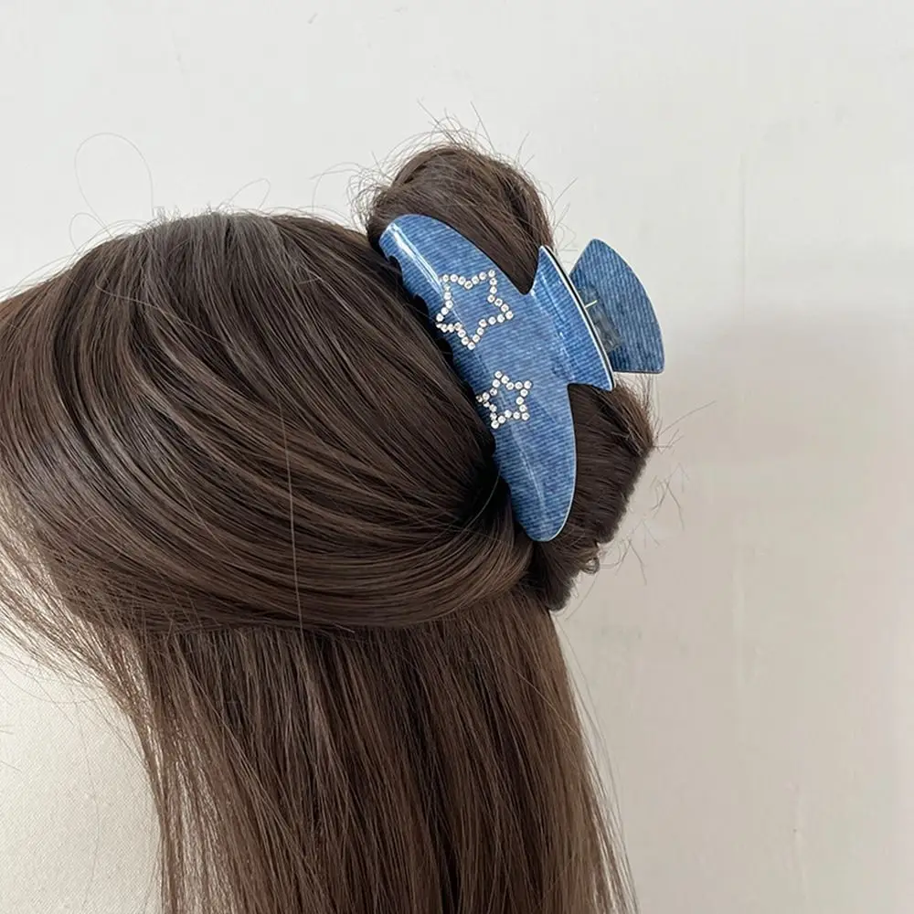 

Pentagram Acetate Star Hair Claw Creative Acetic Acid Y2k Rhinestones Hair Clip Blue Denim Headdress Shark Clip Girl