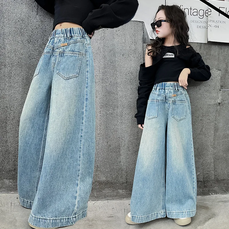 

Hip Hop Teenage Clothes Girls Sets Slim T-shirt Tops+Denim Wide Leg Pants Jazz Girl Dance Suits Spring Autumn 2024 New 6-16 yrs
