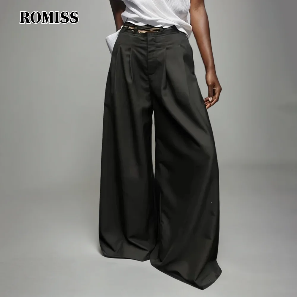 

ROMISS Patchwork Lace Up Solid Pants For Women High Waist Spliced Zipper Casual Minimalist Wide Leg Trousers Female 2024 New