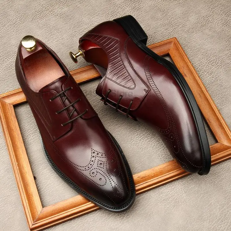 

Luxury Genuine Leather Men's Derby Shoes Business Dress Formal Classic Style Black Wine Red Pointed Toe Lace Up Oxford Shoes Men