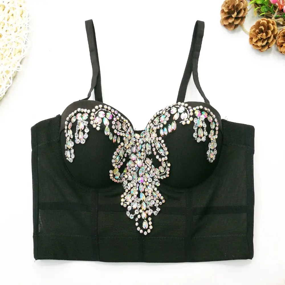 

Women Crop Top Beads Diamonds Corset Bra Fishbone Push Up Female Stage Nightclub Bustier Solid Color Sexy Cotton Camis Summer