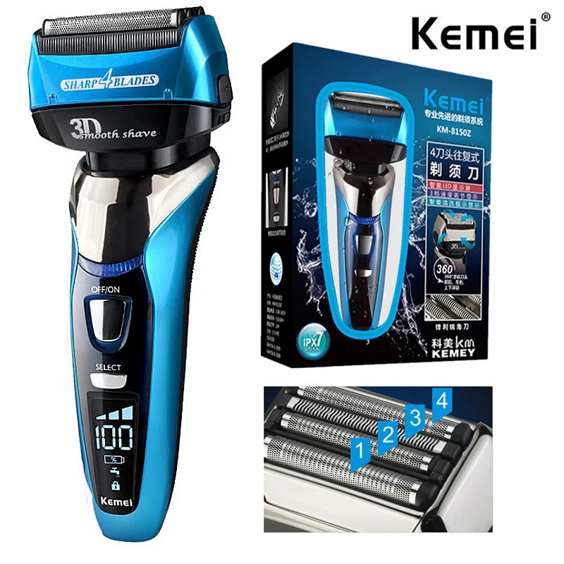 Kemei 8150 влажная сухая 3-скоростная аккумуляторная бритва для мужчин, электрическая бритва для бороды, система бритья лица с 4 лезвиями
Kemei 8150 влажная сухая 3-скоростная аккумуляторная бритва для мужчин, электрическая бритва для бороды, система бритья лица с 4 лезвиями
