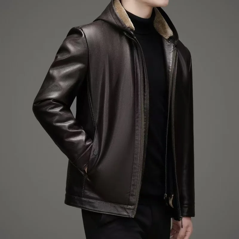 سترة شتوية من الجلد الطبيعي الراقية مع سترة جلدية بغطاء للرأس من الفرو وسترة فرو سميكة للرجال سترة شتوية من الجلد الطبيعي الراقية مع سترة جلدية بغطاء للرأس من الفرو وسترة فرو سميكة للرجال