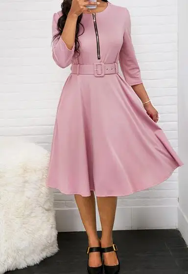 

Elegant Women Dresses Waistband Zippered Dress Latest Round Neck Splicing High Waist Media Length Skirt for Spring/summer 2024