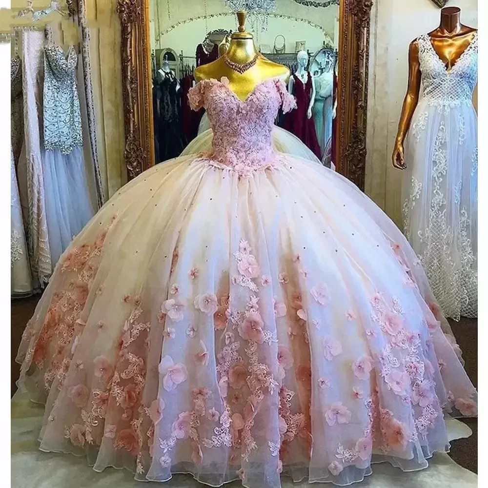 

Блестящее Розовое Бальное платье принцессы с 3D цветами, платья для Quinceanera, женское официальное платье на день рождения, платья для 15 лет