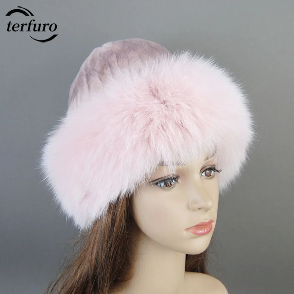 

Winter Autumn Lady Women Real Genuine Fox And Rex Rabbit Fur Knitted Hats Luxury Warm Solid Cap Thick Beanie Russian Women's Hat