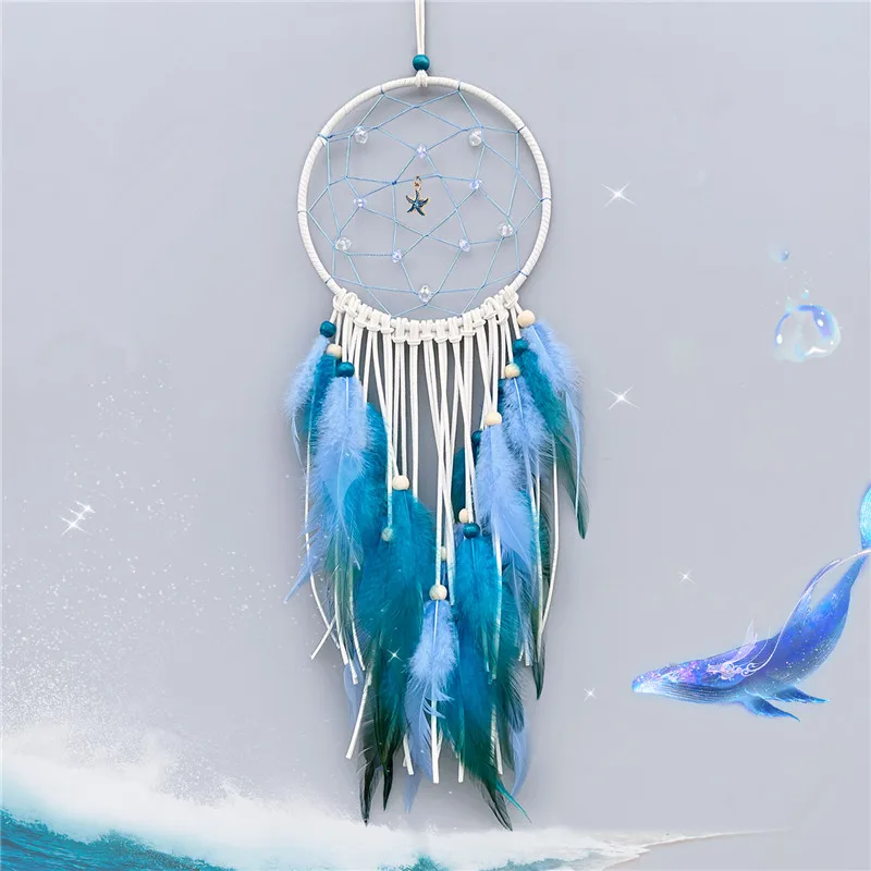

Dream Catching Net Pendant Blue Feather Wood Beads Wind Chime Girl Home Decoration Accessories