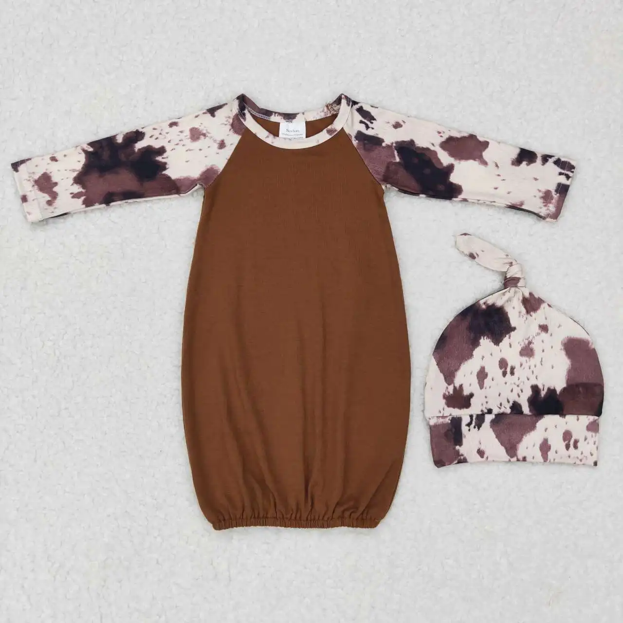 

Wholesale Baby Girl Western Cow Print Newborn Gown Jumpsuit Kids Long Sleeves One-piece Brown Romper Toddler Hat Sleeper Clothes