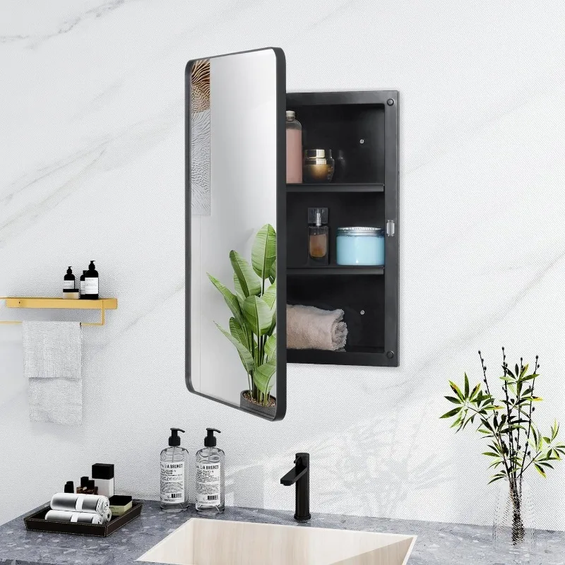 

Beveled Edge Mirror Door with Round Corner Metal Frame, Recessed and Surface Mount Bathroom Medicine Cabinet