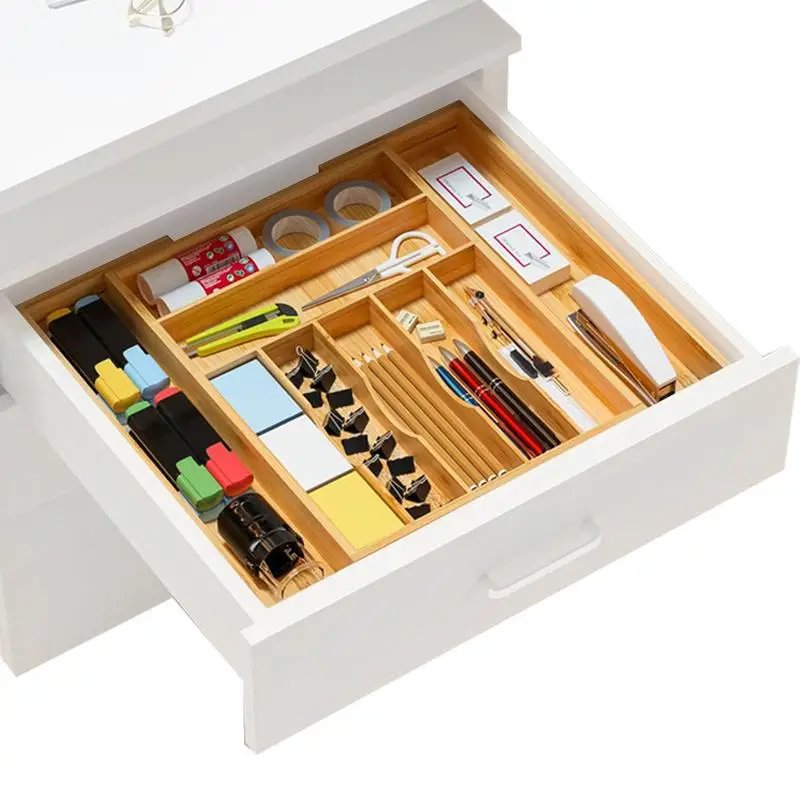 

Utensil Organizer For Kitchen Drawers Wooden Expandable Cutlery Tray Drawer Utensil Storage 9-Compartment Silverware Organizer