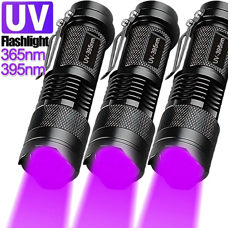 

Mini LED UV Flashlights 365/395nm Ultraviolet Torch Zoomable Violet Light Pet Urine Stains Detector Scorpion Hunting UV Lamp