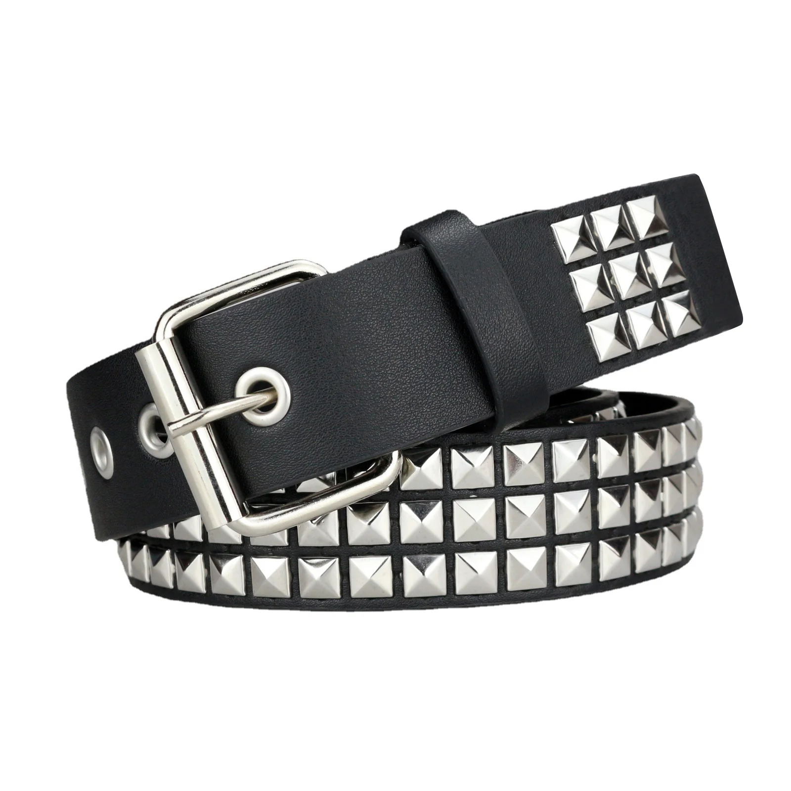 

Fashion Vintage y2k Black Studded Belt Grommet Threads Belt with Bright Metal Leather Square Bead Rivet Belt for Women Men