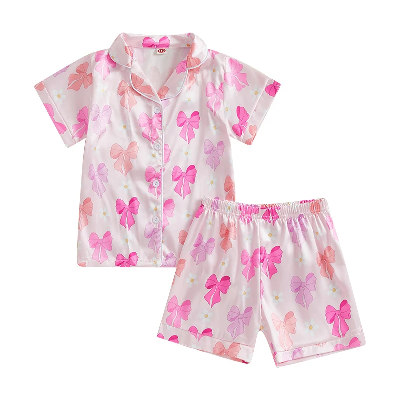 Summer Pajamas Set Bow Print Lapel Short Sleeve Button Down Tops with Shorts Kids Satin 2 Pieces Sleepwear Summer Pajamas Set Bow Print Lapel Short Sleeve Button Down Tops with Shorts Kids Satin 2 Pieces Sleepwear