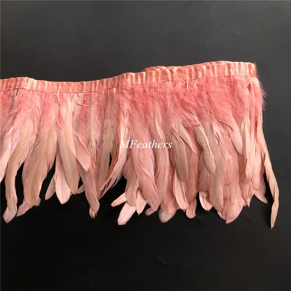 

10 Meters/Lot Coral Dyed Rooster Coque Feather Trims 15-20CM 6-8 Inches Width Sewing On Satin Ribbon Feathers Lace Fringes Strip