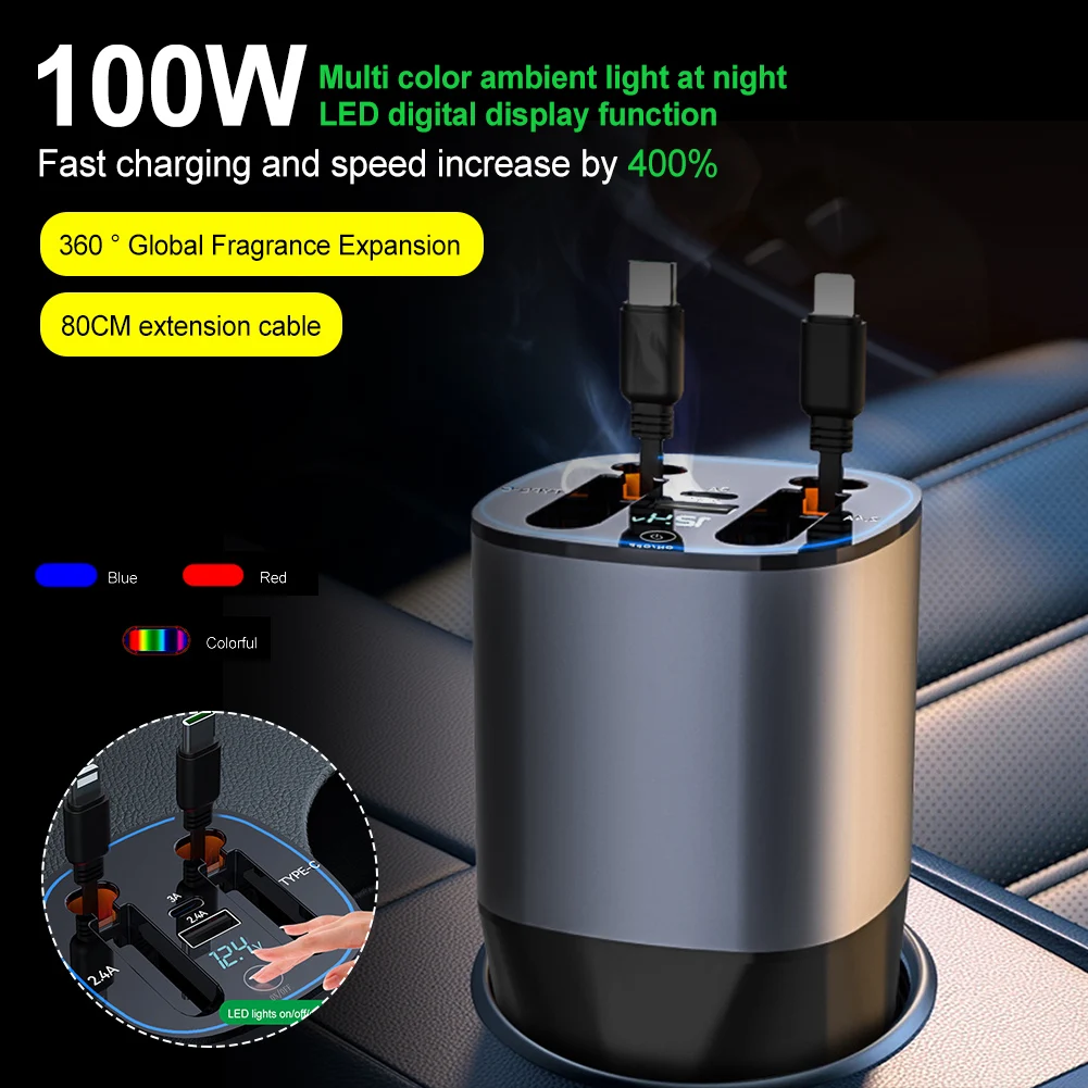 Retractable 100W Car Cigarette Lighter USB Fast Charging Adapter With Telescoping Cables Fast Port Ambient Charger For Phone
Retractable 100W Car Cigarette Lighter USB Fast Charging Adapter With Telescoping Cables Fast Port Ambient Charger For Phone