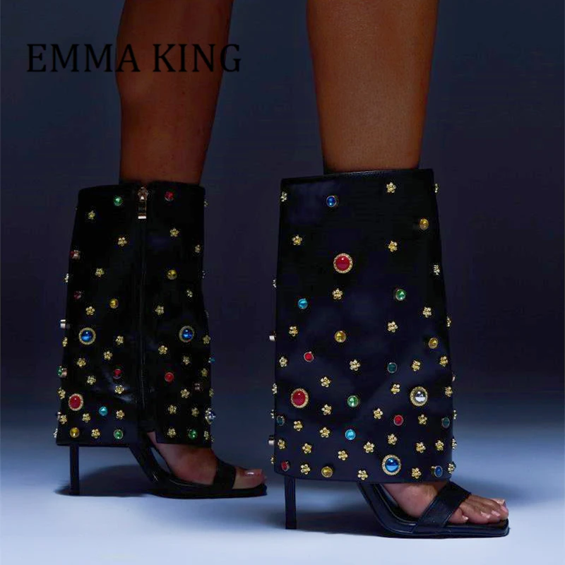 

Women Embellished Fold Over Mid-calf Boot Open Square Toe Stiletto Heels Sandal Boot Female Gemstone Decor Gladiator Sandal Boot