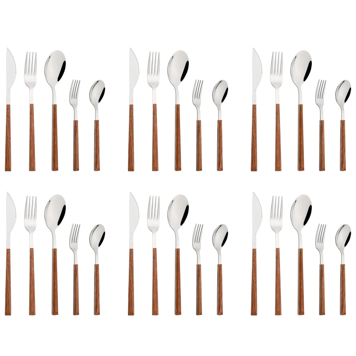

16/20/24/30Pcs Dinnerware Set Imitation Wooden Handle Cutlery Set Stainless Steel Silverware Knife Dessert Fork Spoon Tableware