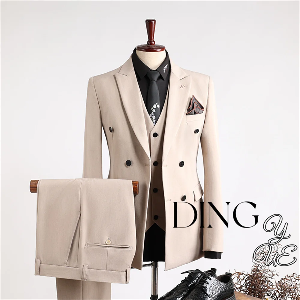 

Men Slim Business Casual Suits 3-piece Set Double Breasted Jacket Pants Vest / Male Wedding Groom Blazer Coat Trousers Waistcoat