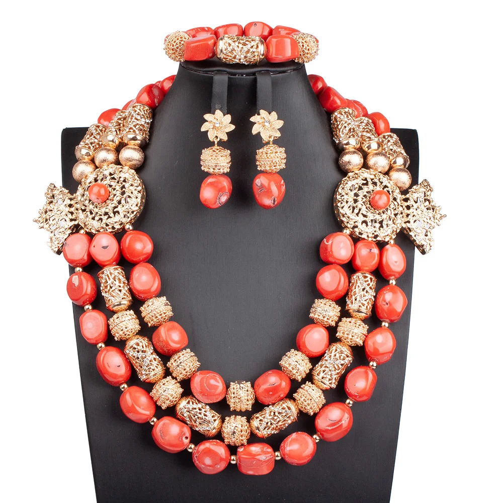 

3 Layers Real Coral Beads Bib Women Necklace Gold African Dubai Gold Wedding Jewelry Set Nigeria Bride Jewelry Set ABG235