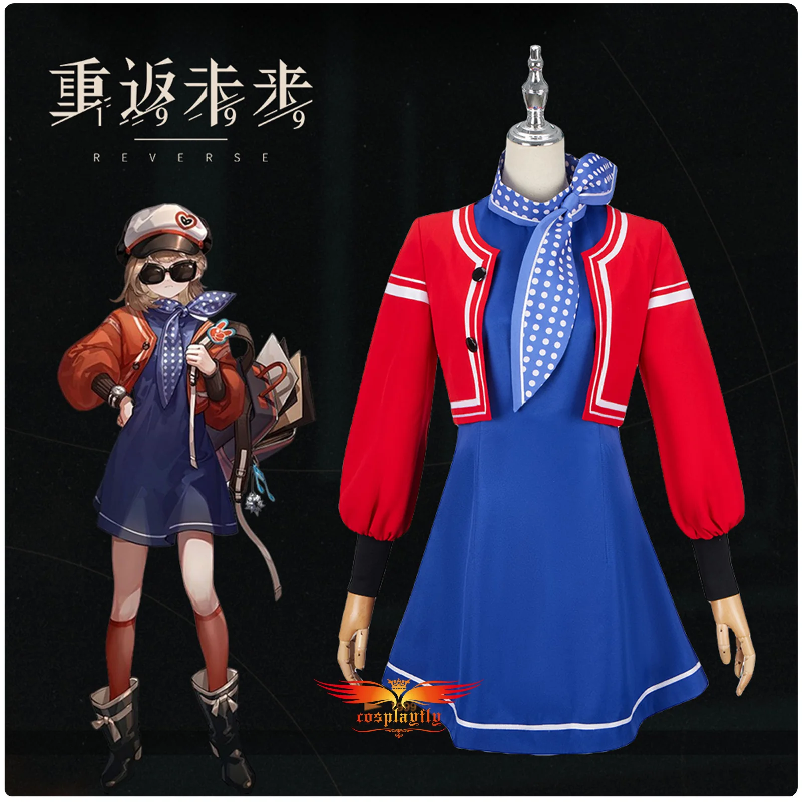 

Anime COS Game Reverse:1999 Regulus Women Cosplay Costume Daily Clothes Academic Uniform Polka Dot Scarf Orange Coat Blue Dress