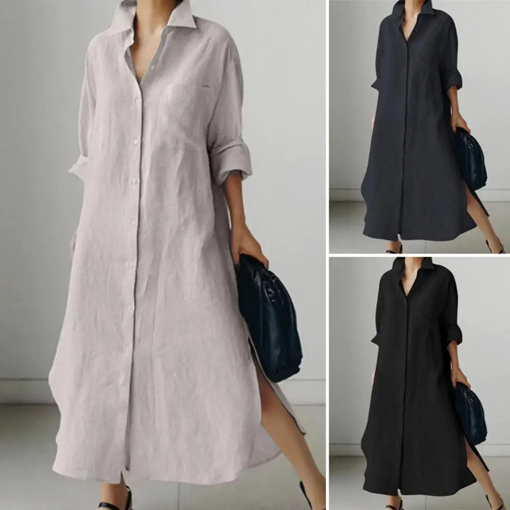 

Buttoned Shirt Dress Elegant Maxi Shirt Dress for Women Long Sleeve Irregular Split Hem Solid Color Loose Lapel Single-breasted