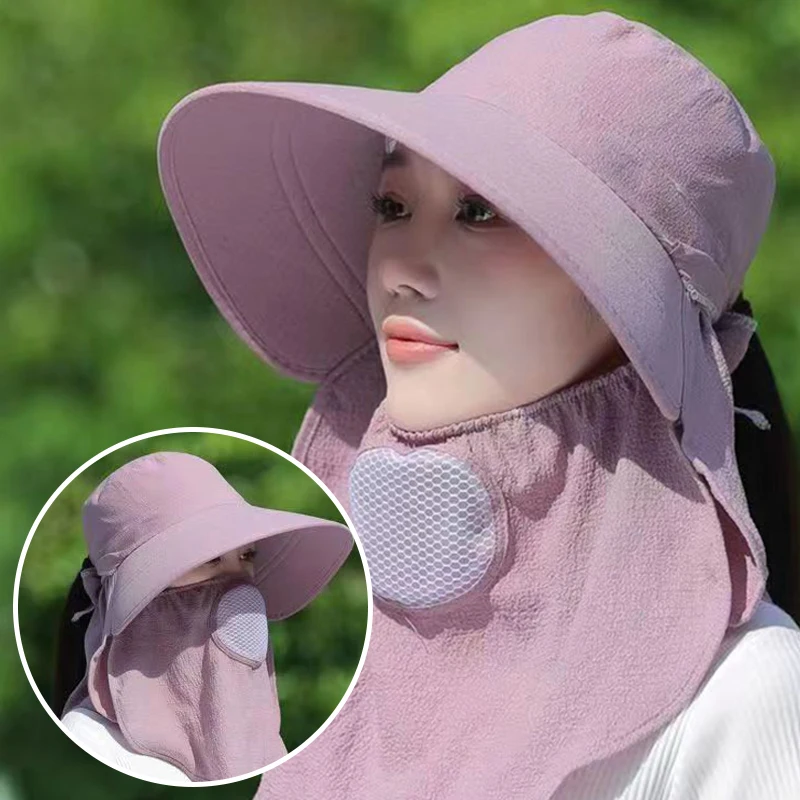 

Wide Brim Sun Hats Scarf Women Hollow Thin Breathable Cotton Full Face Mask Hat Summer Anti-Uv Sunshade Shawl Ponytail Visor Cap