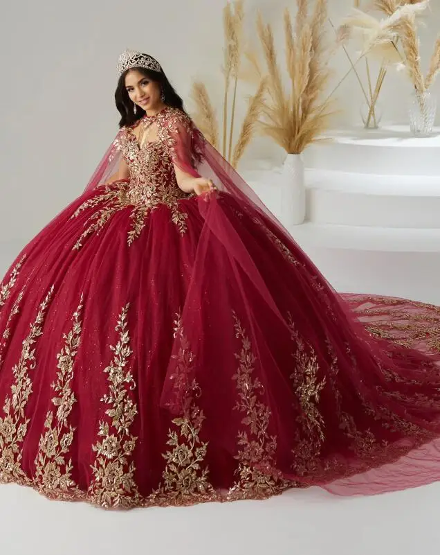 

Burgundy Gold Sweetheart Quinceanera Dresses with Long Cape Applique Floral Lack-up Back Prom vestidos debutantes 15 anos