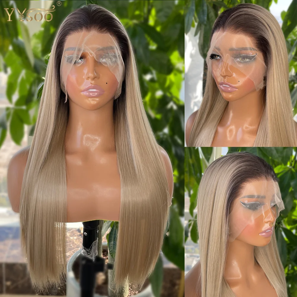 

YYsoo Long Silky Straight Ombre Color Synthetic Full Lace Wigs Heat Resistant Japan Futura Hair All Hand Tied Wig Dark Roots
