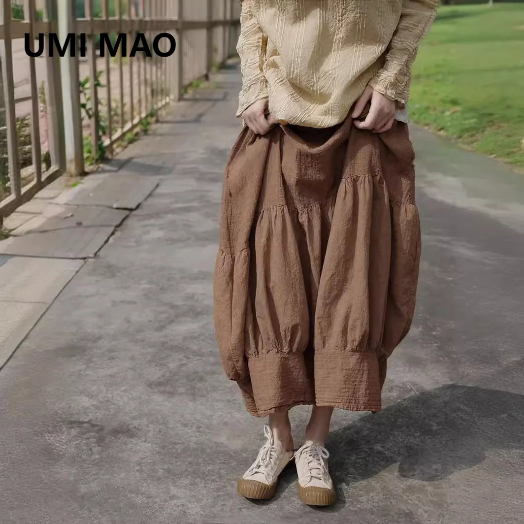 

UMI MAO Mid Length Half Skirt Women's Spring Autumn Loose Cover Fleece Ramie Bamboo Knot Jacquard Art Retro Lantern Skirts