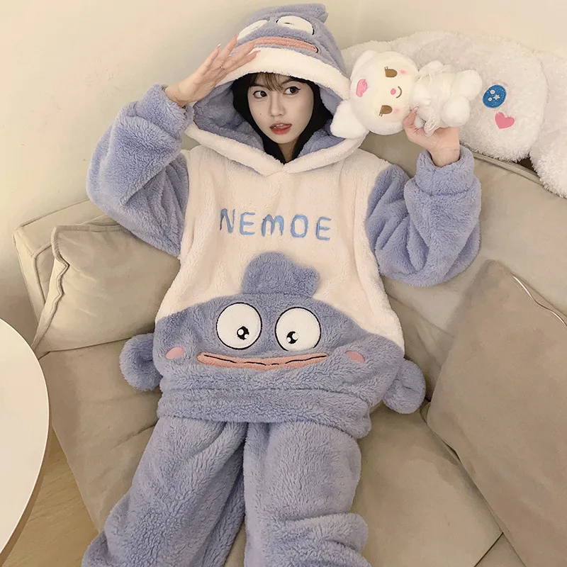 

Anime Kawaii Sanrio Kuromi My Melody Hangyodon Pachacco Y2K Cute Cartoon Female Coral Velvet Pajamas Autumn Winter New Home Set