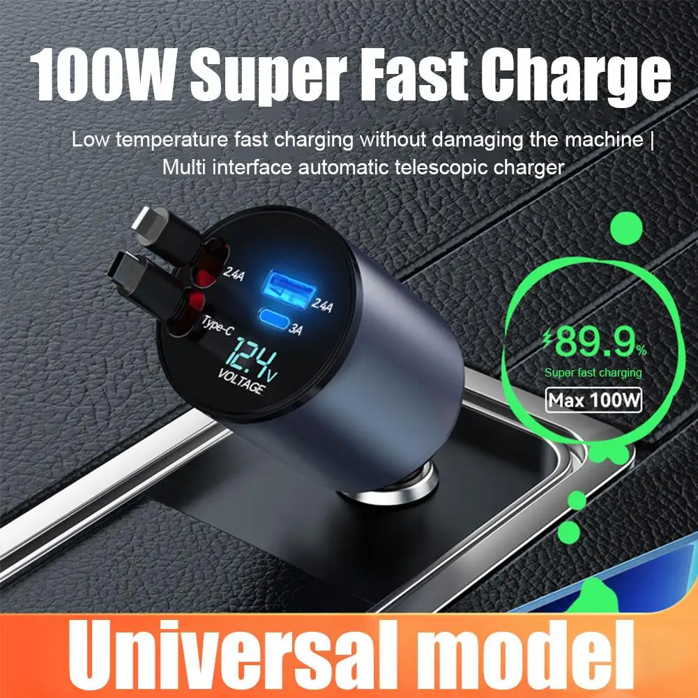 

4 IN 1 Super Fast Charge 100W Retractable Charger 4ports USB Type C Cable LCD Cigarette Lighter Adapter For IPhone Samsung