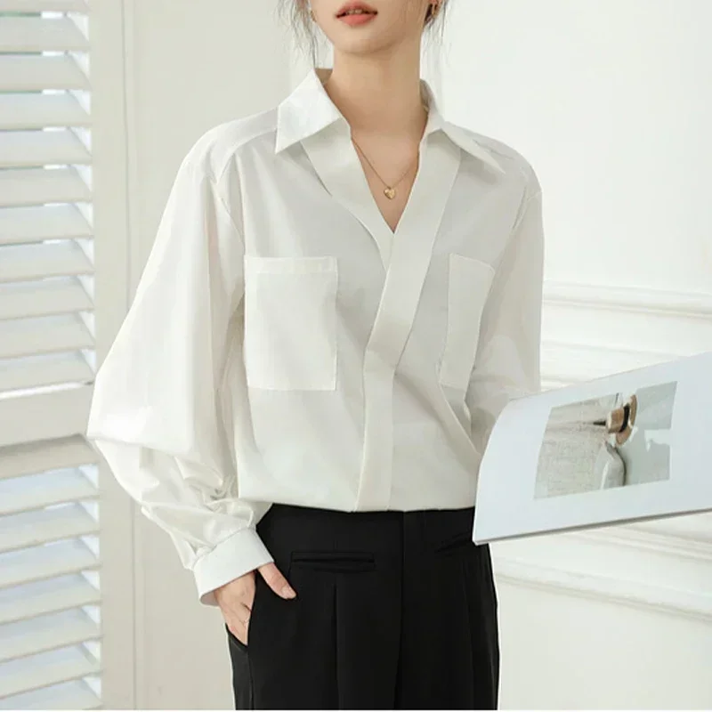 

Korean Loose Pocket Office Lady Blouse Elegant Lantern Long Sleeve White Shirt Women Casual Turn-down Collar Blouses Blusa 29915