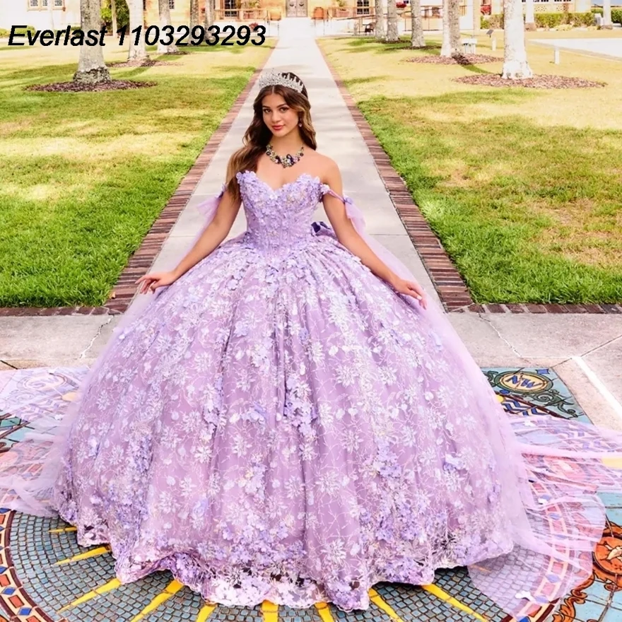 

EVLAST лавандово-Сиреневое платье Quinceanera бальное платье 3D Цветочная аппликация бисер с накидкой мексиканское милое 16 Vestido 15 De XV лет TQD186