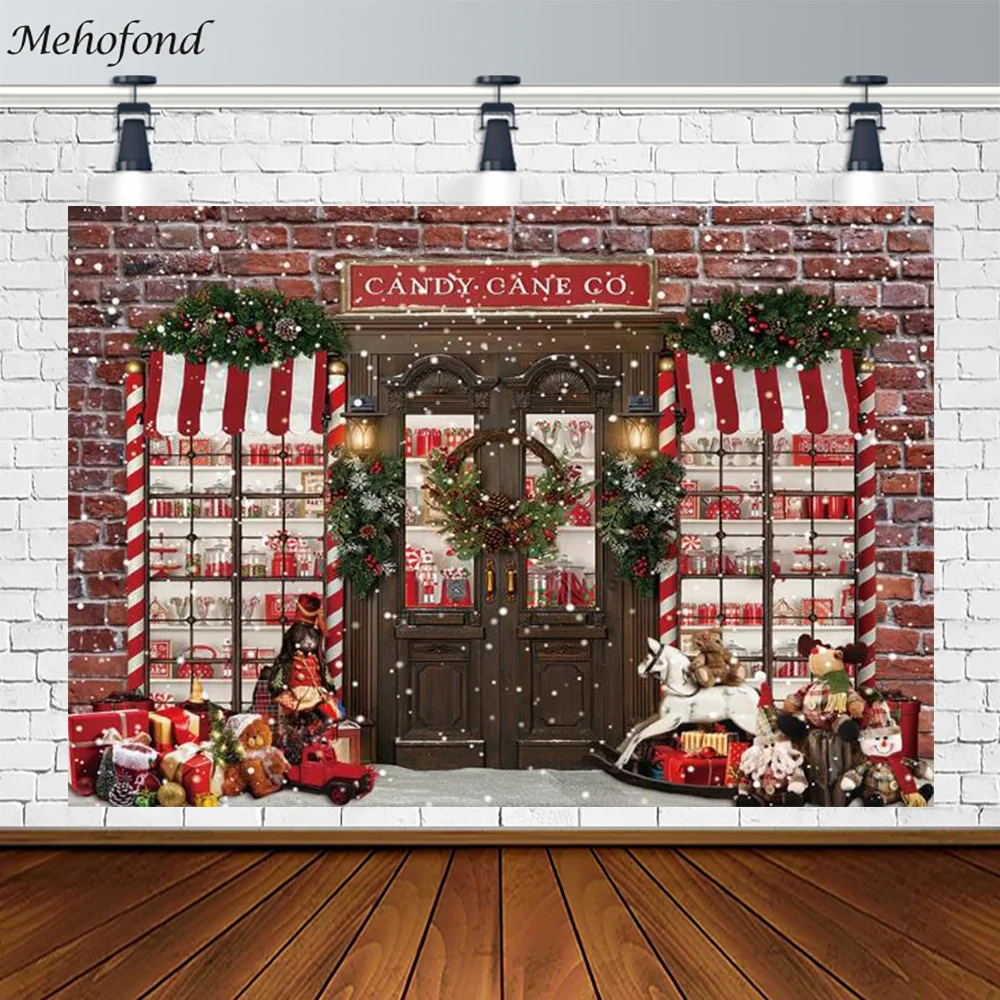 

Mehofond Christmas Backdrop Candy Cane Gift Shop Background Red Brick Wall Baby Portrait Photography Prop Photo Studio Photocall