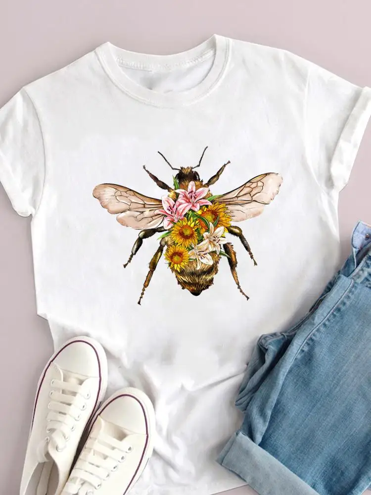 

O-neck Tee Top T Shirt Short Sleeve Fashion Summer Bee Floral Flower Trend 90s Clothes Print Women Clothing Graphic T-shirt